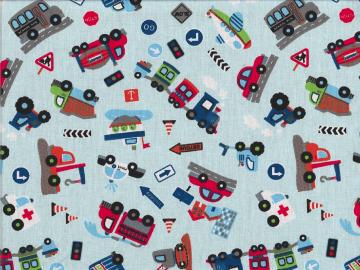 Swafing, Baumwollstoff Lars, Fahrzeuge, Untergrund hellblau, multicolour