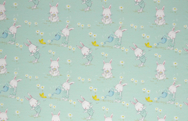 Swafing Jersey Moppi Rabbit by Christiane Zielinski Sommerwiese mit Hase, mint, weiß, rosa, gelb