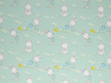 Swafing Jersey Moppi Rabbit by Christiane Zielinski Sommerwiese mit Hase, mint, weiß, rosa, gelb